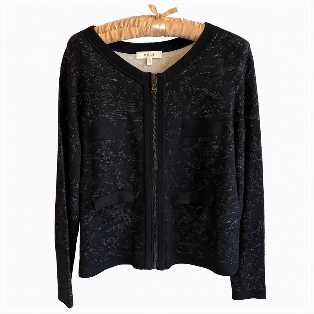 Milly Black Knit Lady Jacket Cardigan with Zip Front Size‎ L